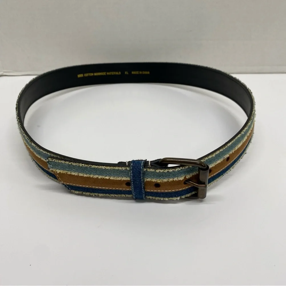 Vintage Belt Denim & Faux Leather Size XL Frayed Boho Casual Blue Brown Trendy